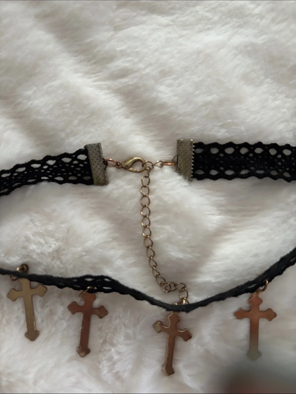 Black Lace Cross Charm Choker Necklace - Gold Crosses